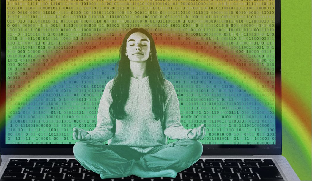Vibe coding illustrated as a meditating figure in front of a wall of code, with a rainbow overlay.