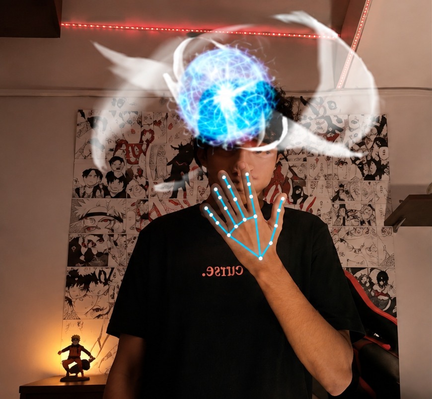 A builder demonstrating a hand-sign gesture-recognition AR template in front of a wall of manga pages, with a hand-tracking skeleton overlay.